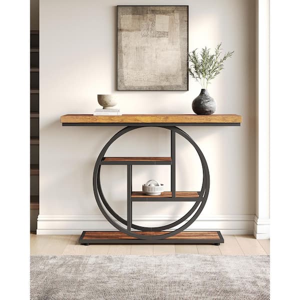 BYBLIGHT Turrella 41.3 in. Brown Rectangle Wood Console Table with 4-Tier Storage Shelves