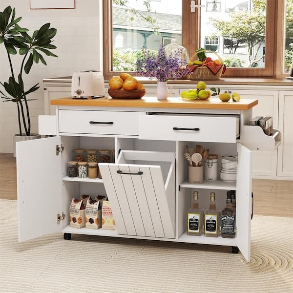 White Wood 58 in. Rolling Kitchen Island Kitchen Cart with Tilt-out Trash Cabinet Island Table