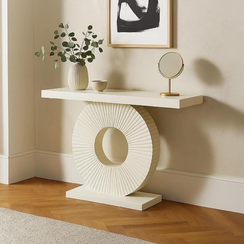 Console 11.81 in. White Rectangle Wood Console Table with Geometric Flower Base