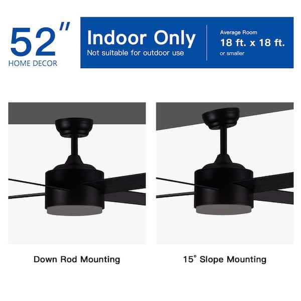 52 in. Integrated LED Light Matte Black Blade Ceiling Fan with Remote Control with 4 blades