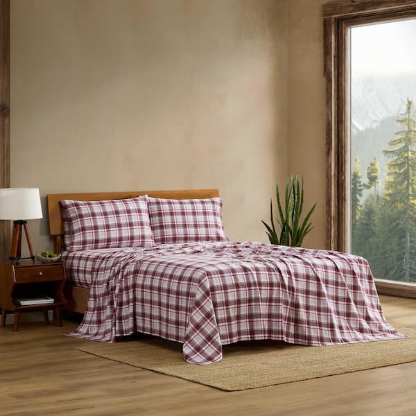 Rugged Plaid 4-Piece Ivory/Purple/Wine Cotton Flannel King Sheet Set