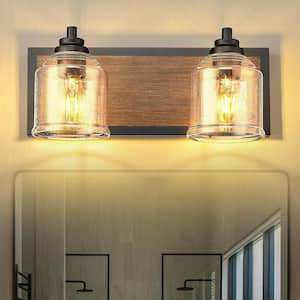 Modern 15.75 in. 2-Light Black and Dark Wood Grain Vanity Light with Clear Seeded Glass Shades