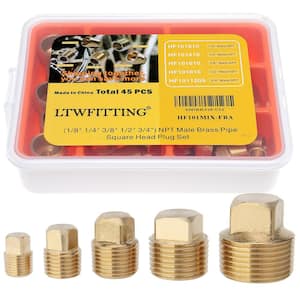 Assortment Kit 1/8" 1/4" 3/8" 1/2" 3/4" NPT Male Brass Pipe Square Head Plug Set (45-Pack)