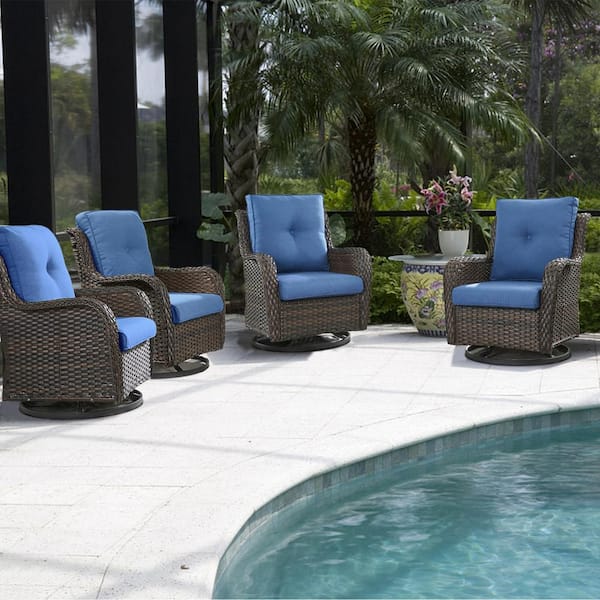 Gymojoy Carolina 4-Person Brown Wicker Outdoor Glider with Blue Cushions