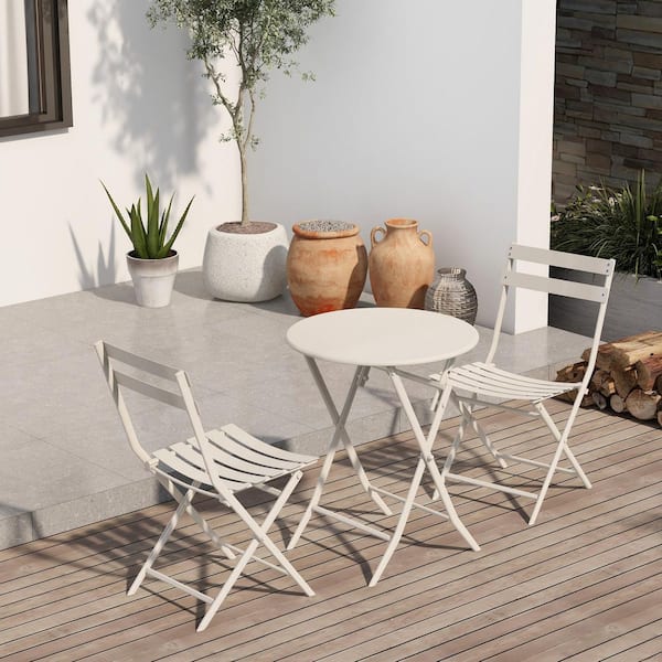Foldable White 3-Piece Metal Round Table and Chairs Outdoor Bar Set