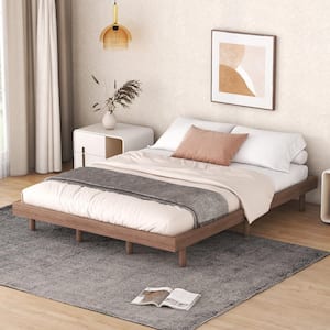 Walnut(Brown) Wood Frame Queen Size Modern Platform Bed with 6 Solid Rubberwood Legs