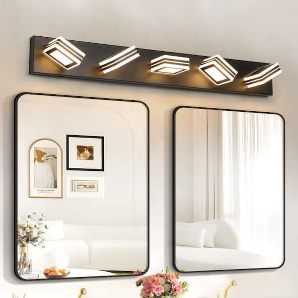 34 in. 5-light Modern Black Wall Bathroom Mirror LED Vanity Light Bar with Square Acrylic Lampshades