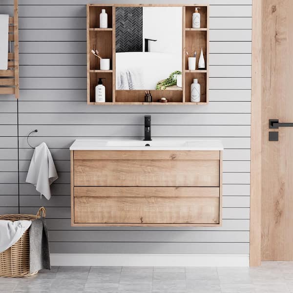 36 in. W x 18.1 in. D x 18.1 in. H Single Sink Bath Vanity in Oak with White Ceramic Top and Drain Faucet Set