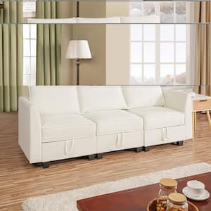 87 in. Straight Arm 4-Piece Linen Modular Sectional Sofa in White with Convertible