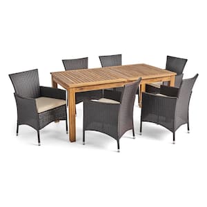 Nadia Multi-Brown 7-Piece Wood and Plastic Outdoor Dining Set with Beige Cushions