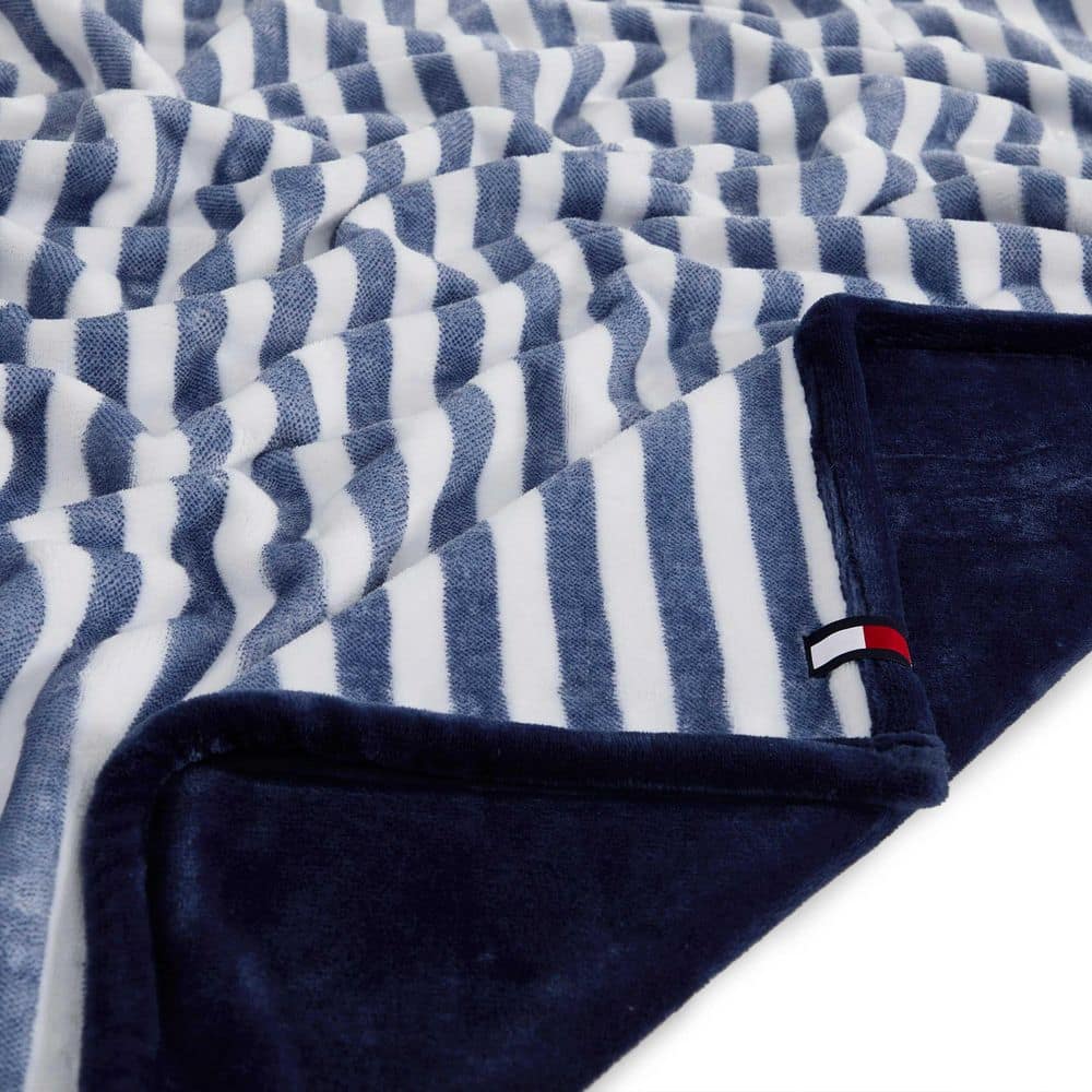 Laguna Beach Stripe 1-Piece White/Deep Blue Reversible Lush Plush Fleece 50 x 70 Throw Blanket