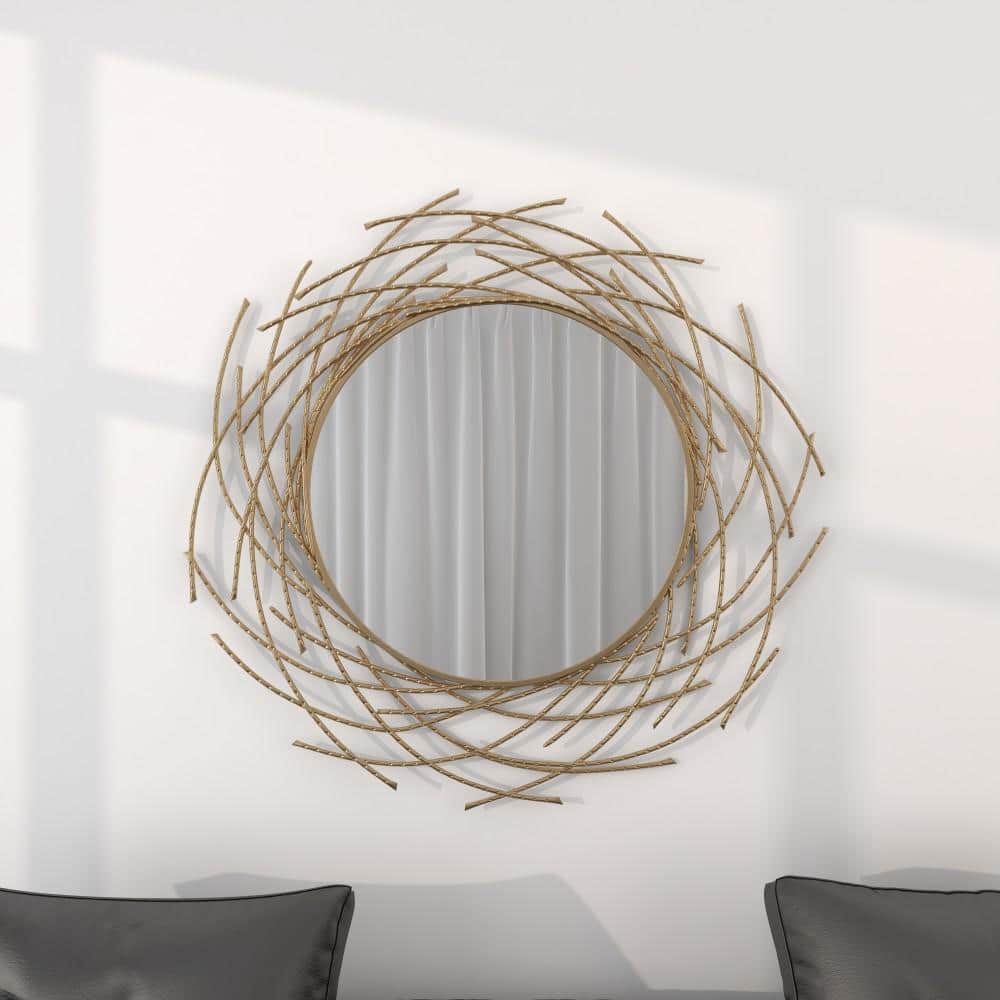 Gold Sunburst Round Wood Wall Mirror, 39"