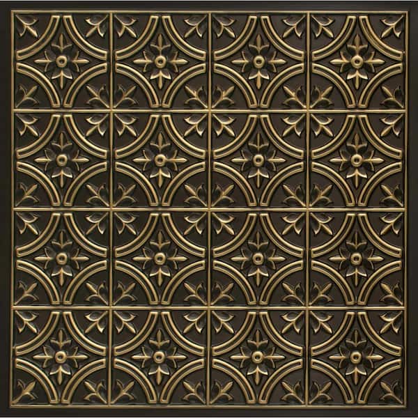 FROM PLAIN TO BEAUTIFUL IN HOURS Scarlette Antique Brass 2 ft. x 2 ft. PVC Lay-In Faux Tin Ceiling Tile (100 sq.ft./Case)