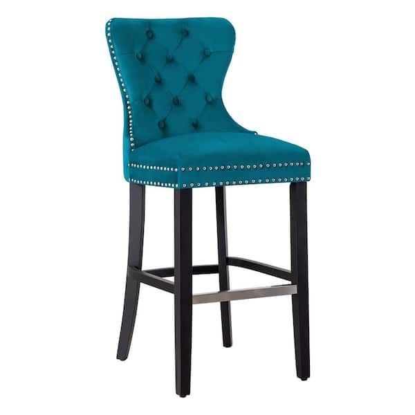 WESTINFURNITURE Harper 29 in. High Back Nail Head Trim Button Tufted Teal Velvet Bar Stool with Solid Wood Frame in Black