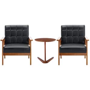 Mid-Century Retro Black Faux Leather Upholstered Tufted Back Accent Chairs with Side Table