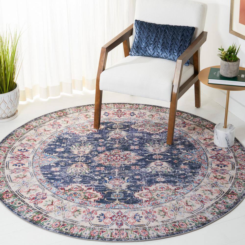 Navy and Beige Round Hand-Knotted Washable Area Rug
