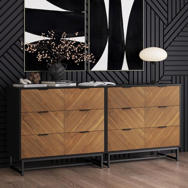 Enloe Brushed Fir 37 in. 3-Drawer Bohemian Dresser with Herringbone Accent, Wood Veneer, Metal Legs and Handles, (Set-2)