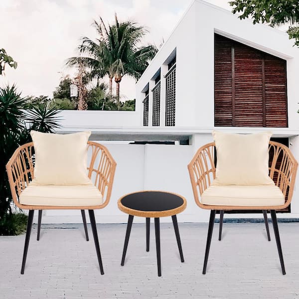 Unbranded 3-Piece Wicker Outdoor Bistro Set Patio Rattan Conversation Set with Beige Cushions for Garden Backyard Balcony Poolside