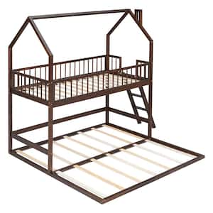 Espresso Twin Over Twin-Twin House Bunk Bed with Extending Trundle and Ladder