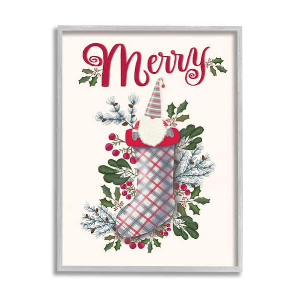 Stupell Industries Merry Christmas Gnome Plaid Holly Stocking By Darlene Seale Framed Print Abstract Texturized Art 16 in. x 20 in.