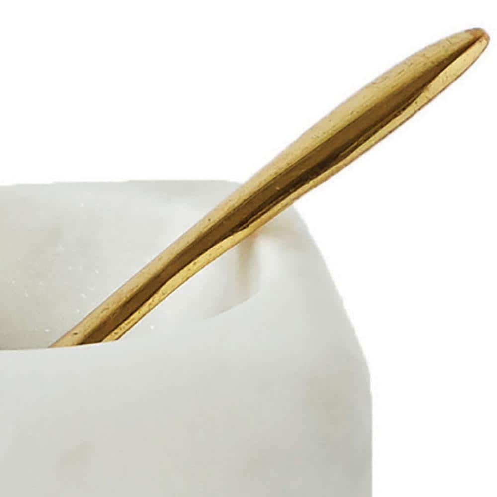 Square White Marble Bowl with Brass Spoon Set