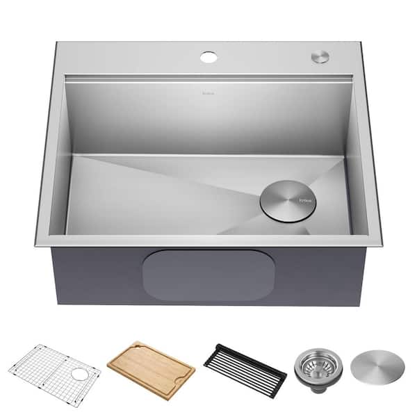 KRAUS Kore 25 in. Drop-In Single Bowl 16 Gauge Stainless Steel Kitchen Workstation Bar Sink with Accessories