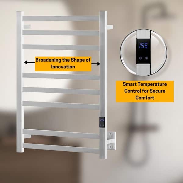 8-Bar Electric Heated Towel Warmer in Brushed 304 Stainless Steel, Fast Heating with Auto Shut-Off Timer