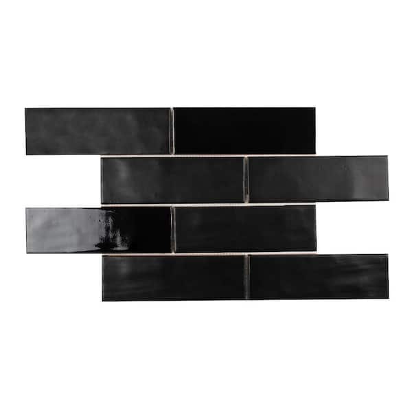 Jeffrey Court 2 in. x 8 in. Subway Brick Black 10.625 in. x 15.875 in. Matte and Glossy Ceramic Mosaic Wall Tile (8.2 sq. ft. /Case)