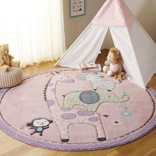 Carousel Kids 7 ft. x 7 ft. Blush Pink Animal Print Round Rug