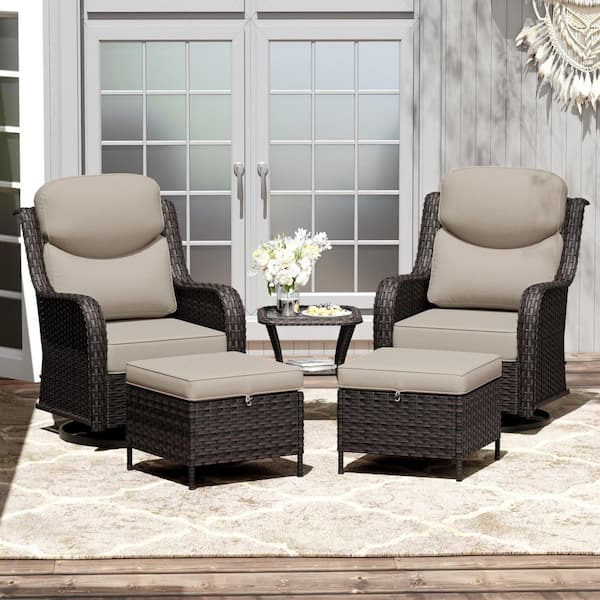 5-Piece Brown Wicker Outdoor Rocking Chair Conversation Set with Beige Cushions