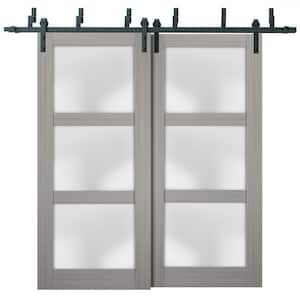 36 in. x 80 in. 3-Panel Gray Finished Pine Wood Sliding Door with Bypass Barn Hardware