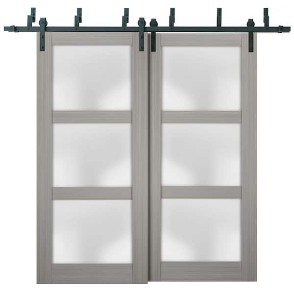 Sartodoors 2552 60 in. x 84 in. 3 Panel Gray Finished Pine Wood Sliding Door with Bypass Barn Hardware