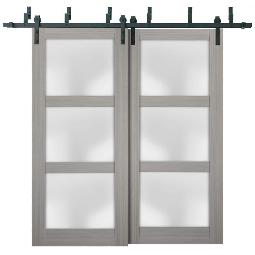 2552 64 in. x 80 in. 3 Panel Gray Finished Pine Wood Sliding Door with Bypass Barn Hardware price history on PriceWatchPro
