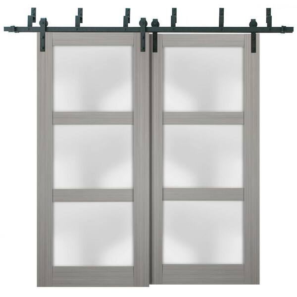 Sartodoors 72 in. x 84 in. 3-Panel Gray Finished Pine Wood Sliding Door with Bypass Barn Hardware