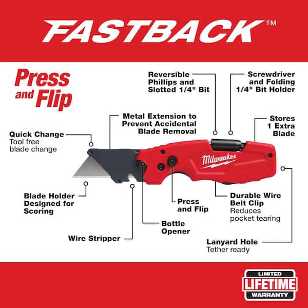 FASTBACK 6-in-1 Folding Utility Knife with General Purpose Blade and 6-in-1 Wire Strippers Pliers