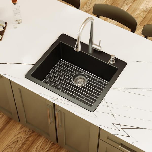 QT- 820 Quartz/Granite 25 in. Single Bowl Drop-In Kitchen Sink in Black with Bottom Grid and Strainer