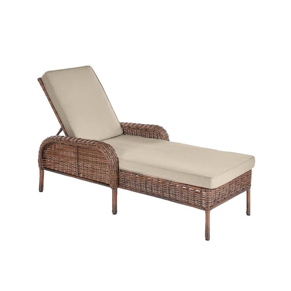 Hampton Bay Cambridge Brown Wicker Outdoor Patio Chaise Lounge with CushionGuard Putty Tan Cushions
