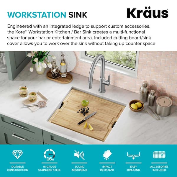 Kraus 21 Kore Undermount Workstation Stainless Steel Single Bowl Kitchen Sink with Accessories - 16 Gauge | KWU111-21