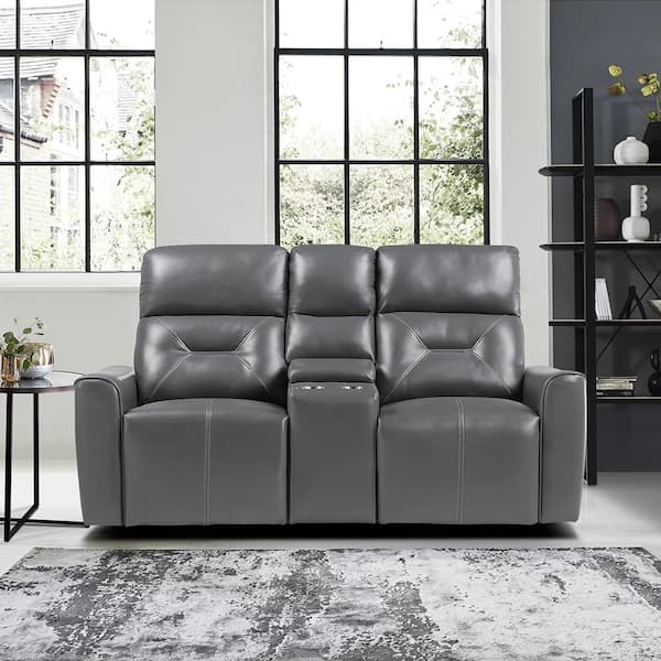 Lazzara Brimmer 73 in. W Dark Gray Faux Leather Power Double Reclining Loveseat with Center Console and USB Ports