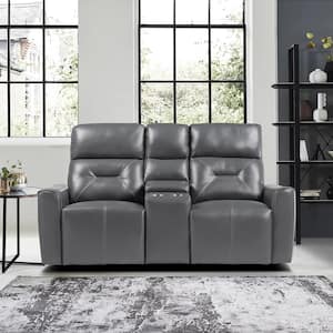 Brimmer 73 in. W Dark Gray Faux Leather Power Double Reclining Loveseat with Center Console and USB Ports