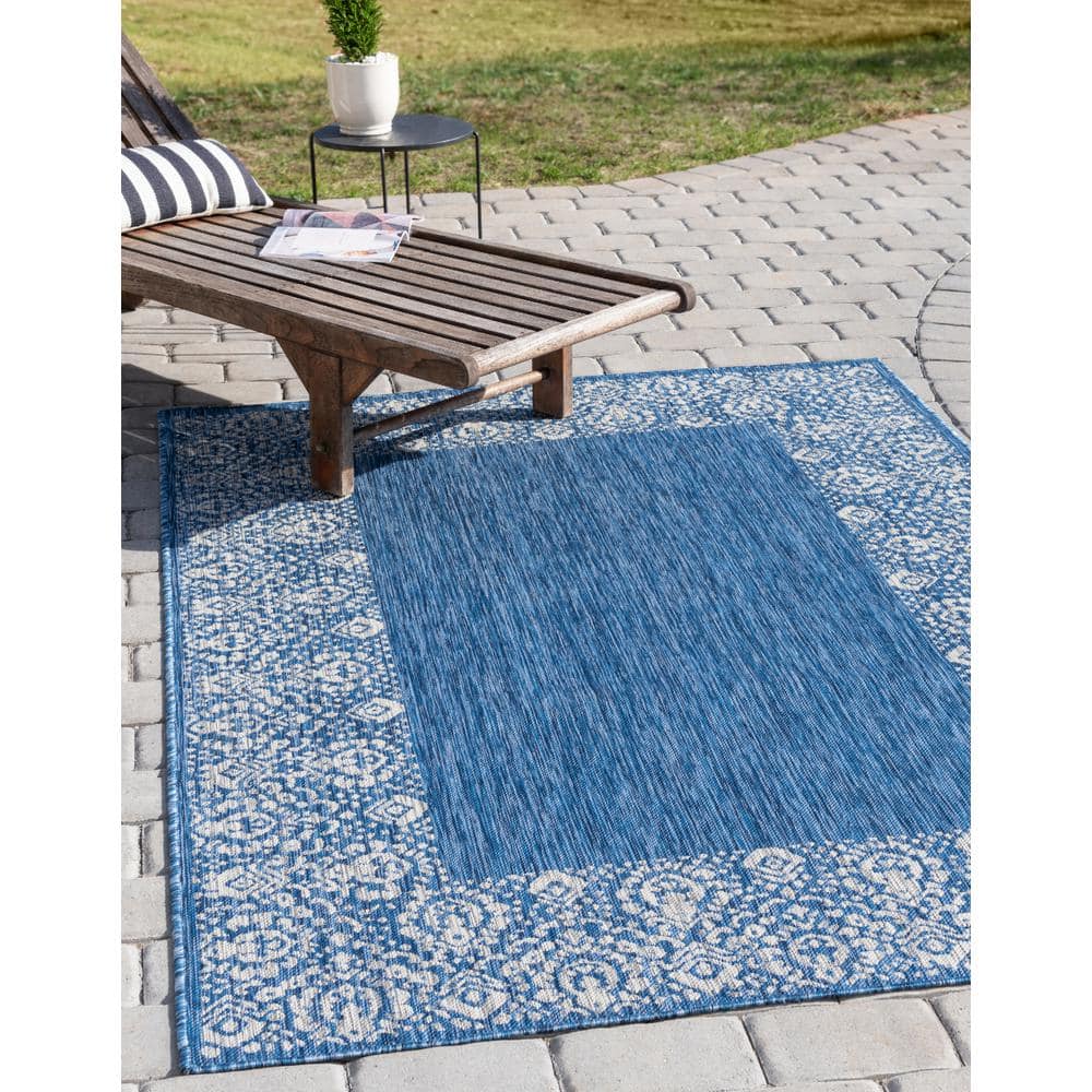 Blue Rectangular 9' x 12' Stain-Resistant Outdoor Rug