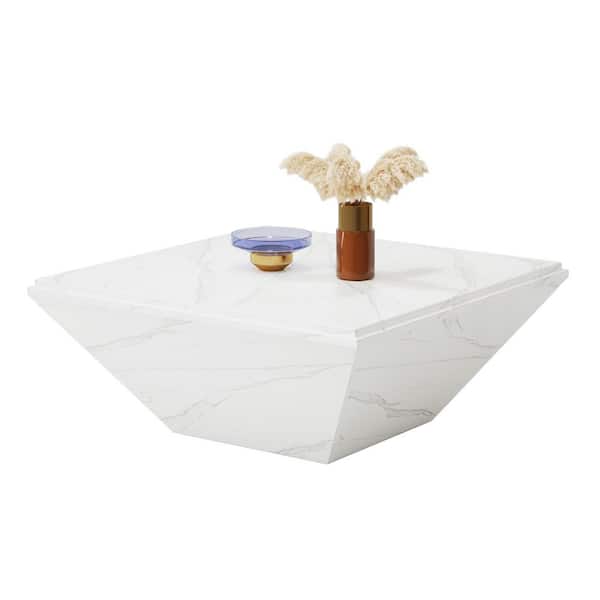BYBLIGHT Allan 35.43 in. White Square Wood Coffee Table with Faux Marble Top