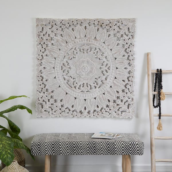 Litton Lane 48 in. x 48 in. Wooden Brown Handmade Intricately Carved Floral Wall Decor with Mandala Design