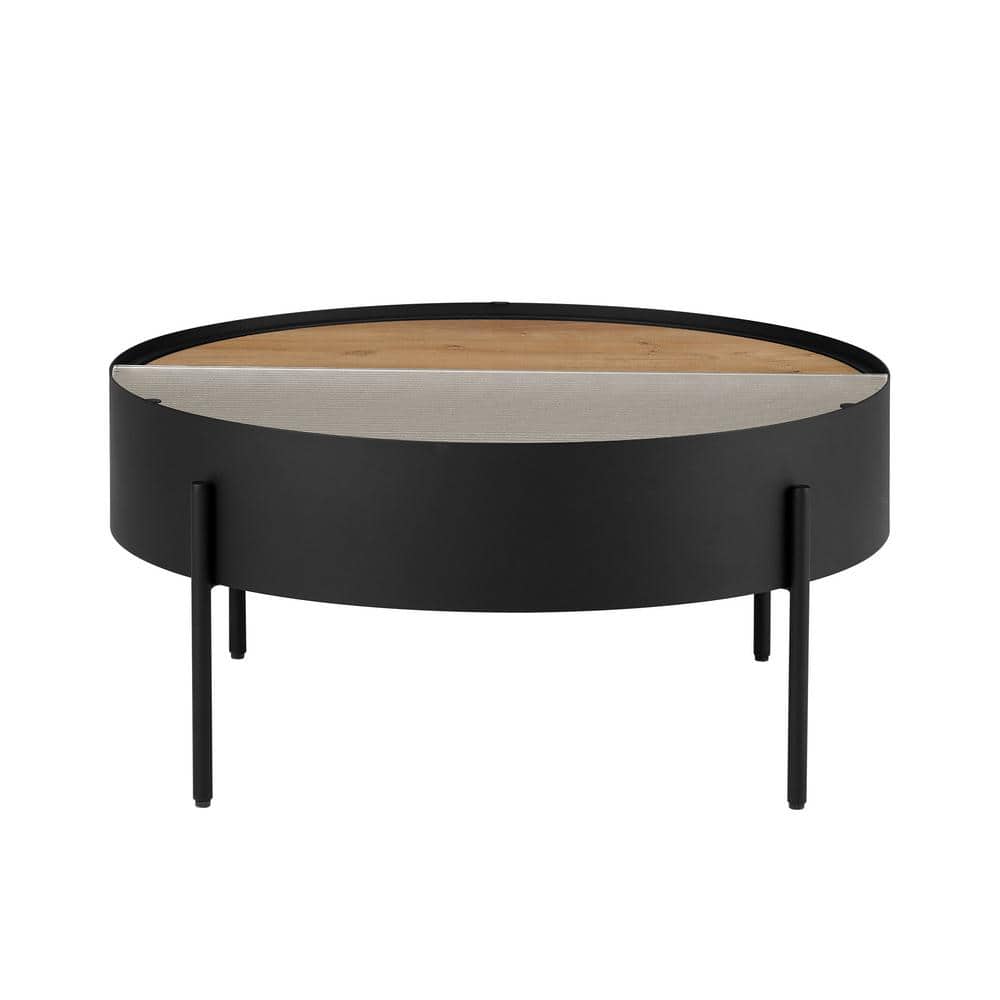 33'' Black English Oak and Fluted Glass Round Coffee Table