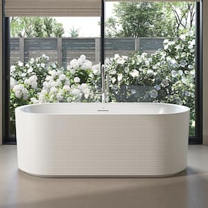 Felix 67 in. Oval Freestanding Flatbottom Fluted Soaking Bathtub in White Including Overflow and Pop-up Drain