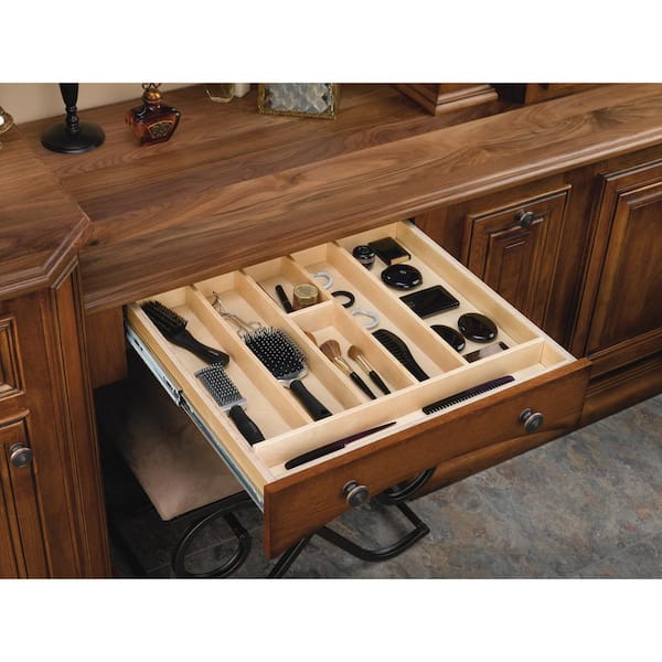 Natural Maple 23.98 in. W x 21.97 in. D x 2.36 in.H Light Brown Wood Trim-to-Fit Shallow Utensil Drawer Organizer Insert
