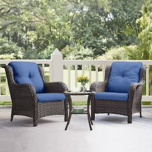 3-Pcs Wicker Patio Conversation Set with Blue Cushion