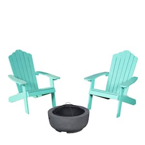 Lanier Green 3-Piece Recycled Plastic Patio Conversation Adirondack Chair Set with a Grey Wood-Burning Firepit