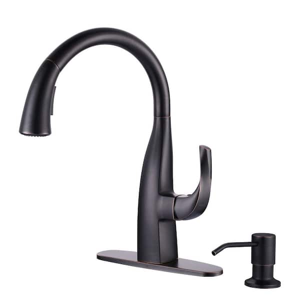 WOWOW Single Handle Pull Down Sprayer Kitchen Faucet with Soap Dispenser in Oil Rubbed Bronze