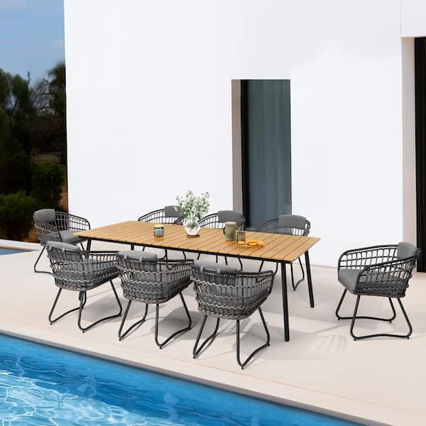 9-Piece Aluminum Wicker Outdoor Dining Set with Gray Cushion
